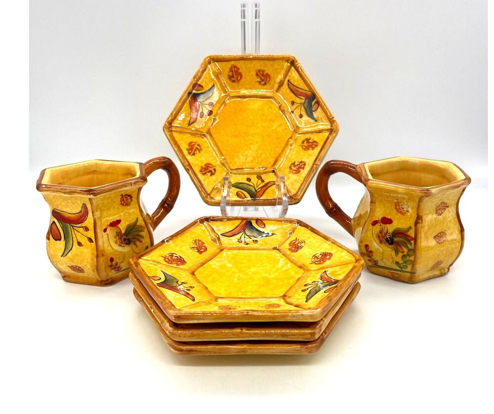 Bamboo Rooster by Ack 2 Coffee Mugs / Cups & 4 Saucers Yellowish Orange